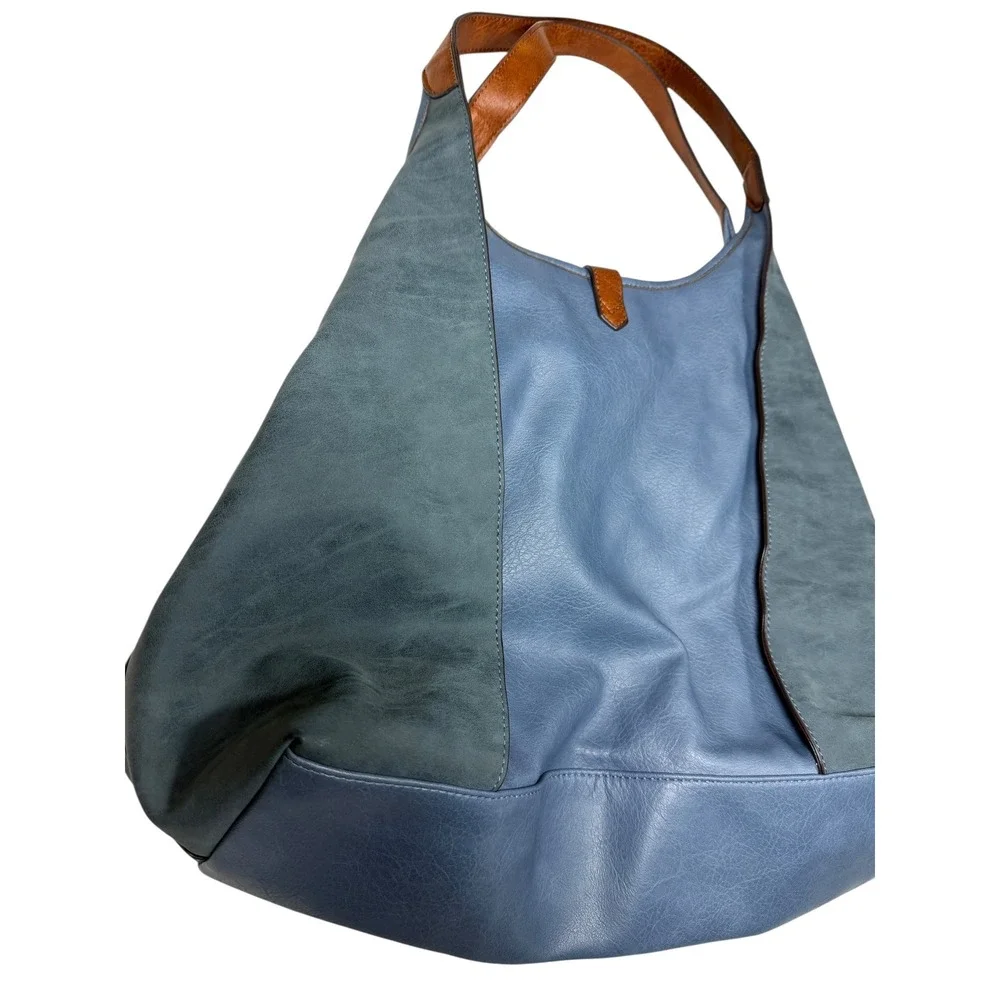 Blue Mixed Media Faux Leather Hobo Shoulder Bag with Braided Stitch Detail